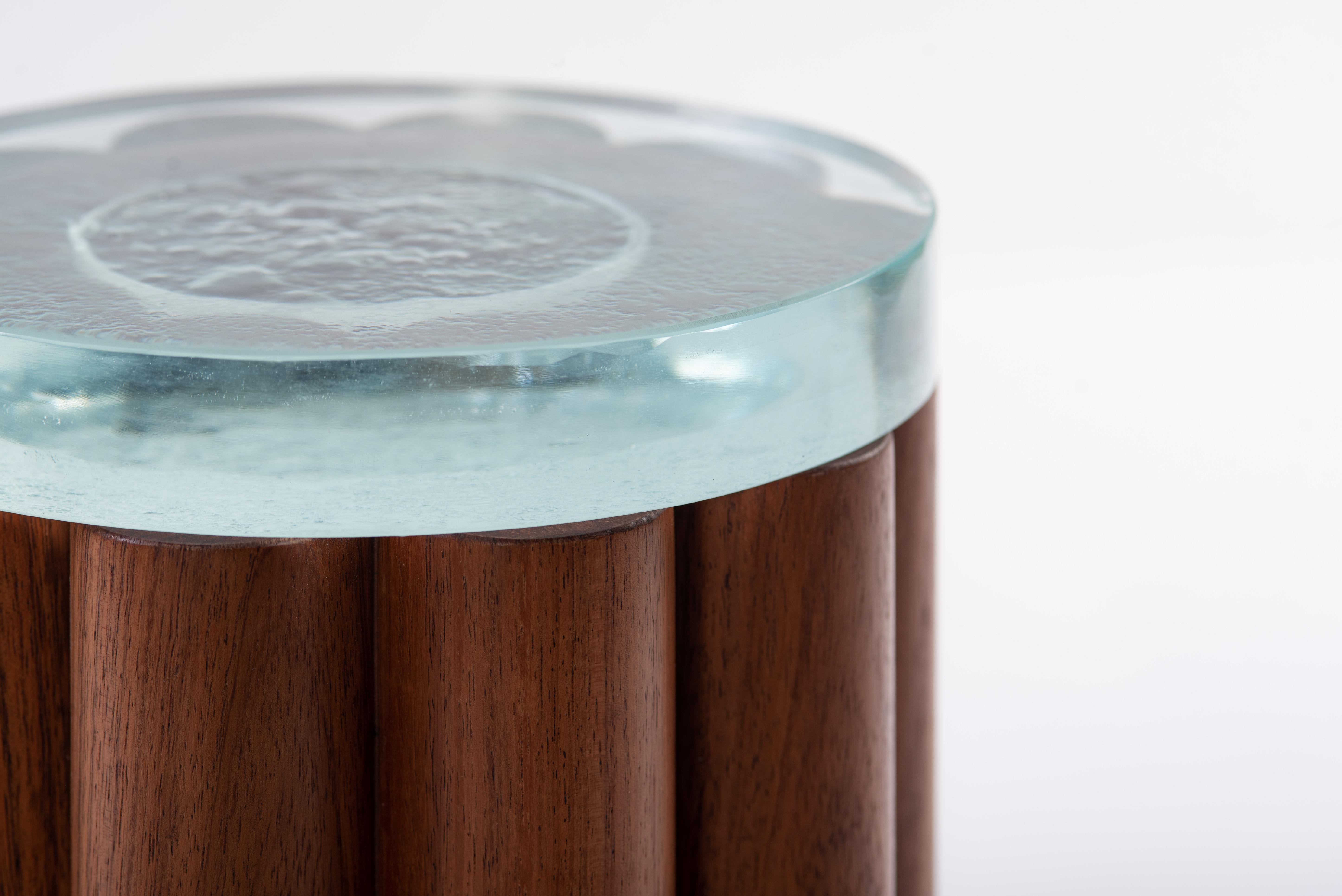 Mexican Loto Side Table Tall, Tzalam Wood and Fused Glass For Sale