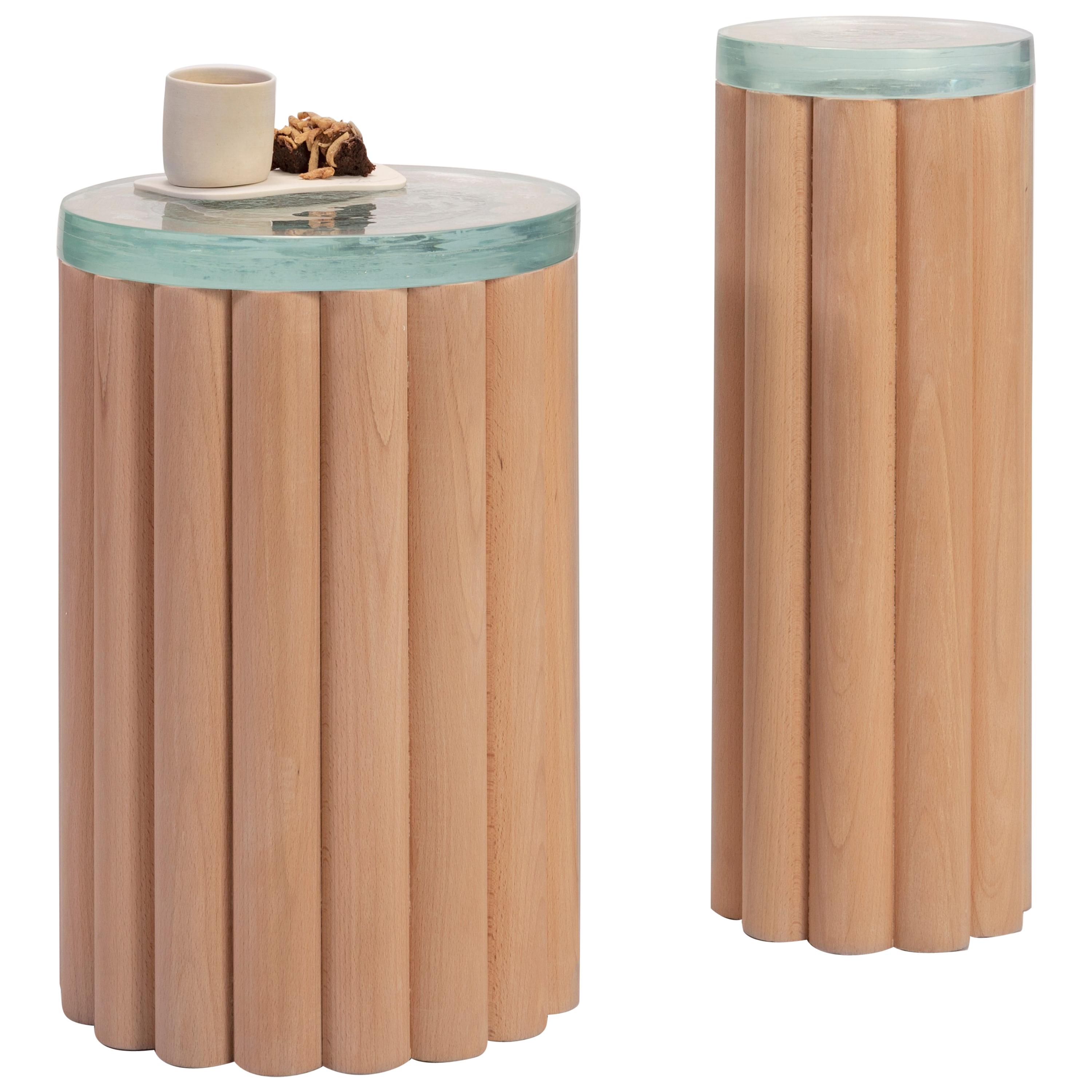 Loto Side Tables, Set of 2, Beech Wood and Fused Glass