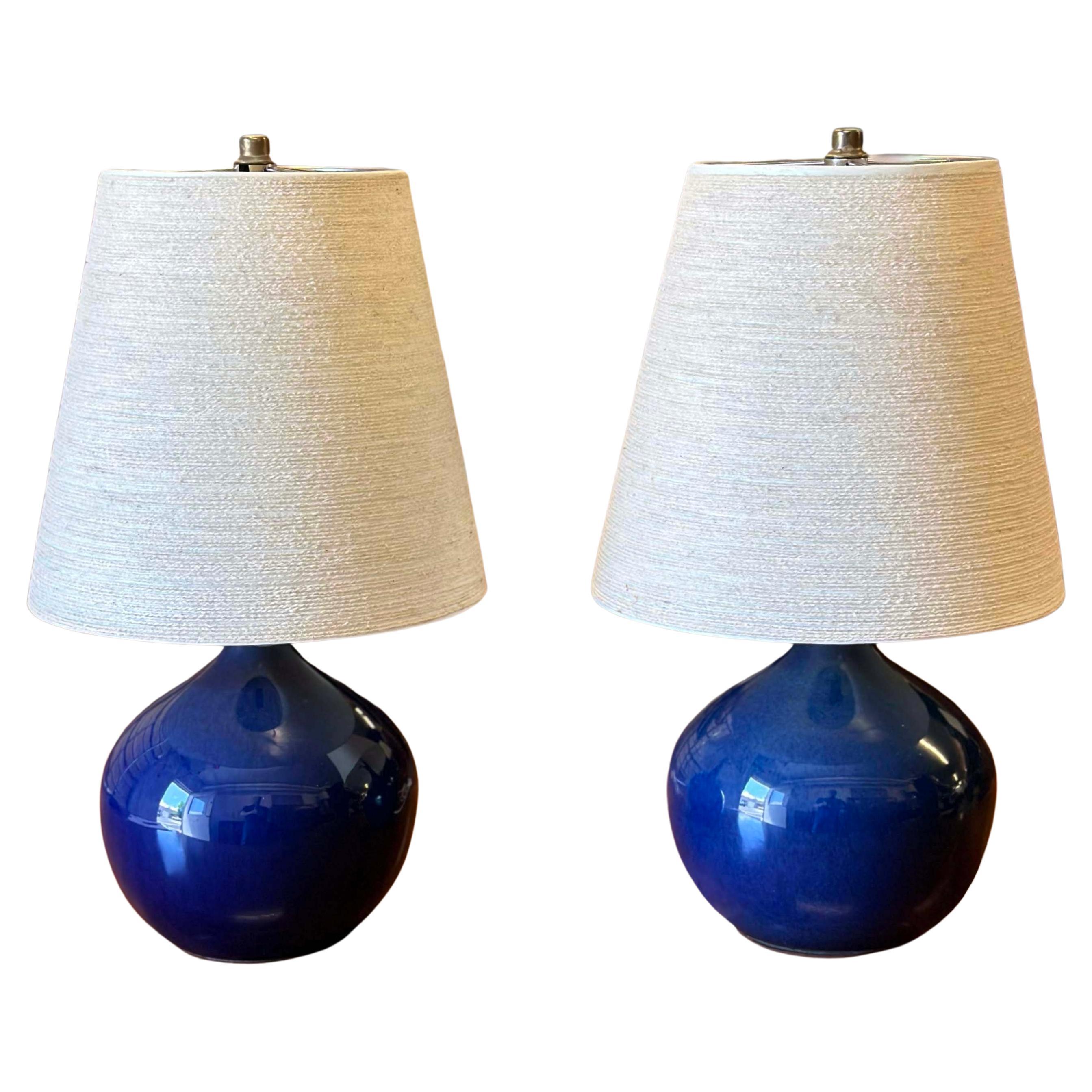 Lotte and Gunnar Bostlund Pair of Iridescent Royal Blue Ceramic Lamps