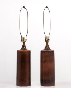 Lotte and Gunnar Bostlund Brown Cylindrical Table Lamps Model 1700 Marked a Pair