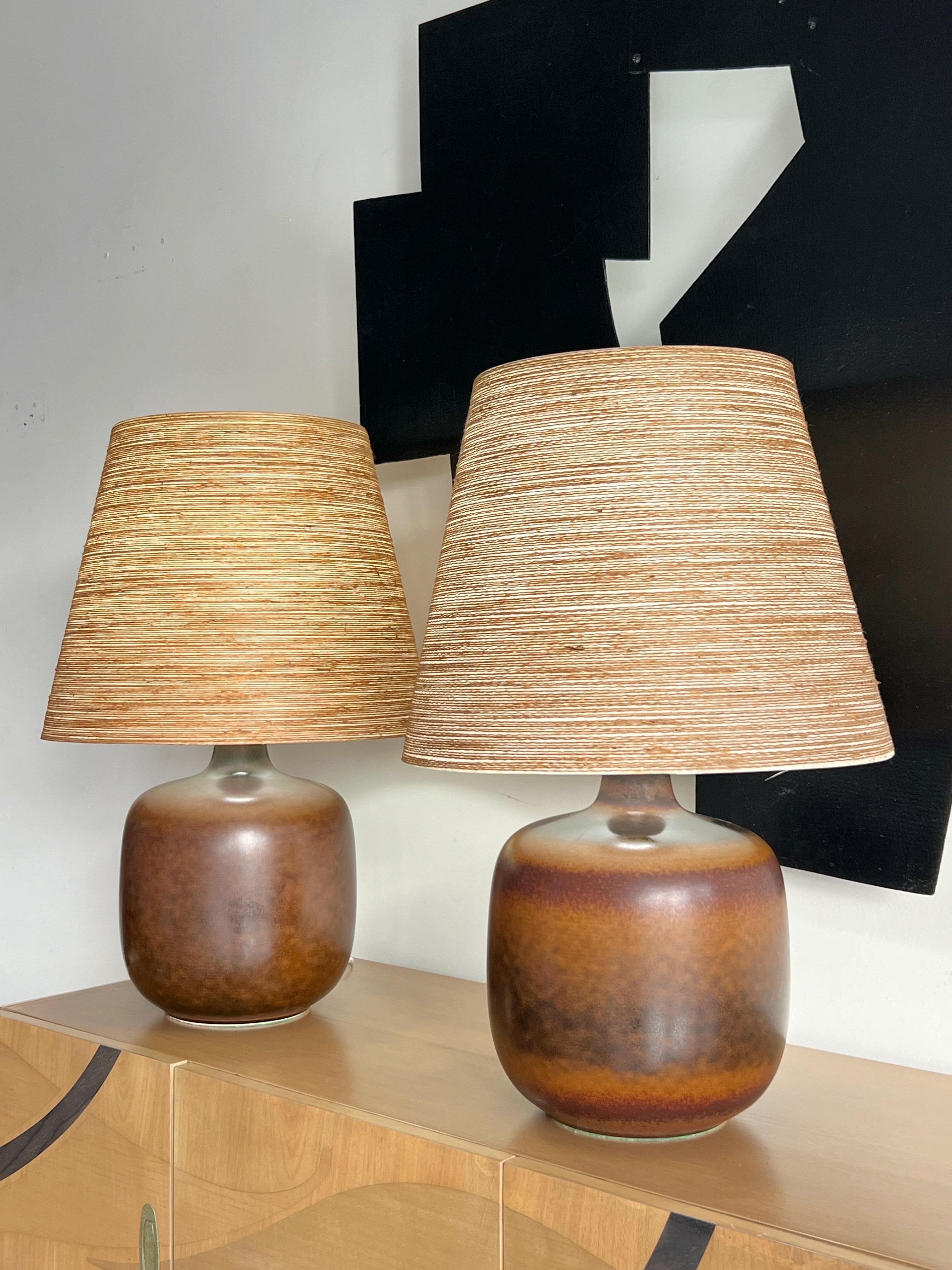 Mid-20th Century Lotte and Gunnar Bostlund Pair of Mid Century Ceramic Lamps with Original Shades
