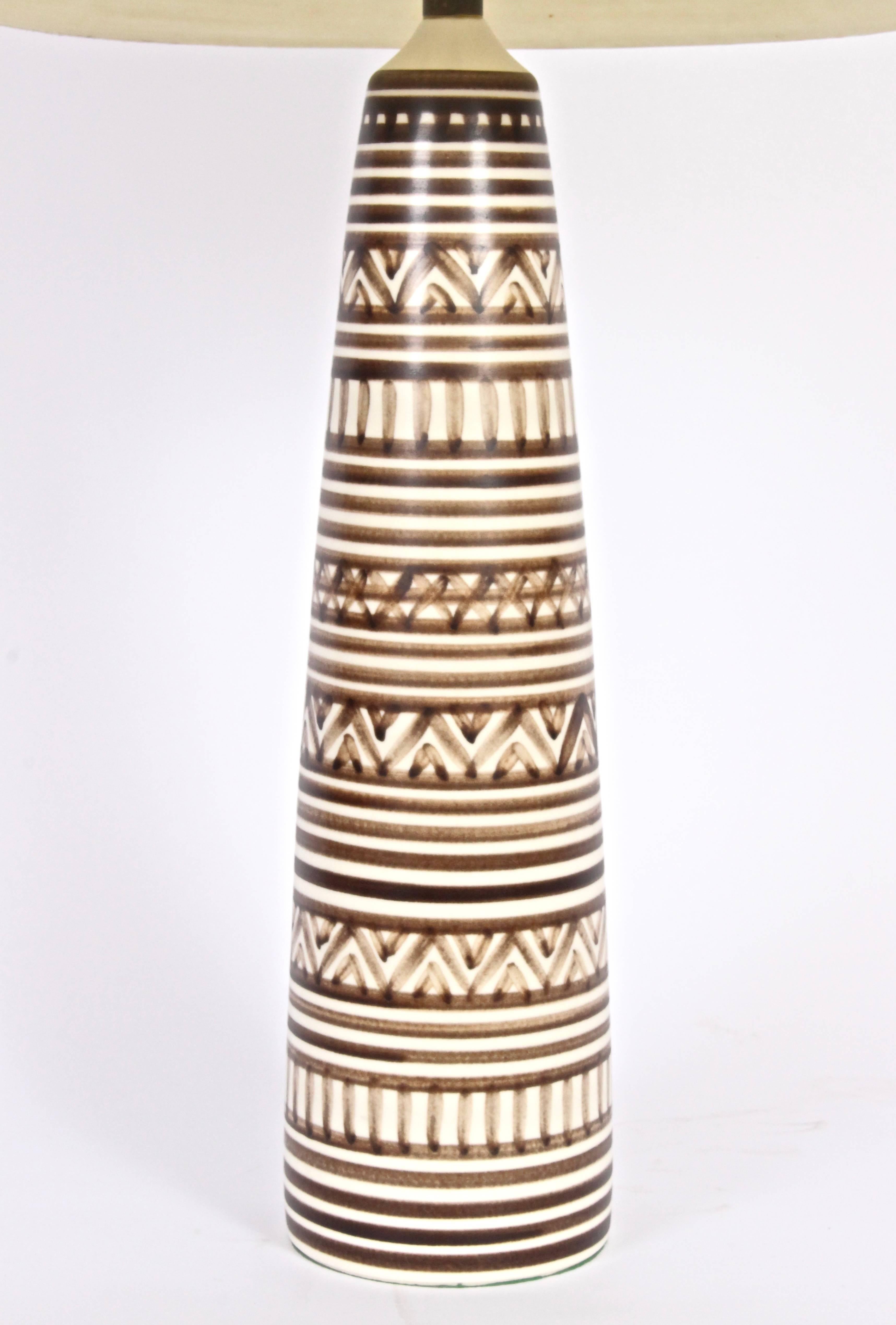 Danish Modern Bostlund Hand Painted Glazed Stoneware Table Lamp with original Cream Jute Shade. Featuring a hand-painted glazed pottery form with geometric patterns referencing indigenous design in Off-White, Dark Brown, Coffee, Cream. WIth organic
