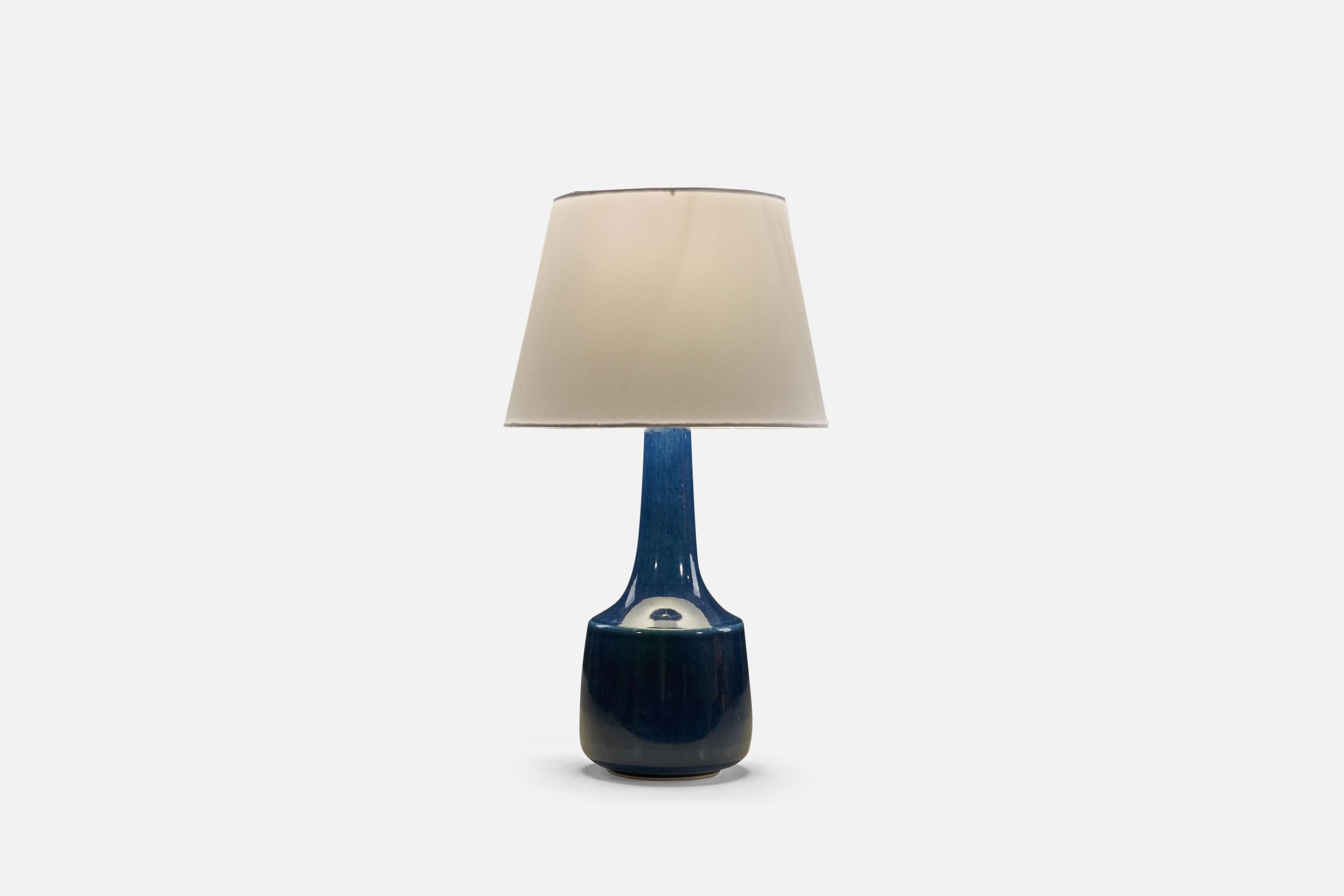 Canadian Lotte and Gunnar Bostlund, Table Lamp, Blue Ceramic, Brass, Fabric Canada, 1960s For Sale