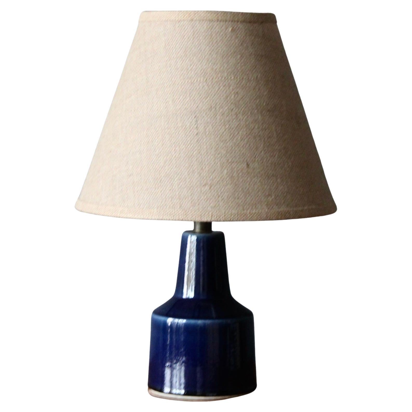 Lotte and Gunnar Bostlund, Table Lamp, Blue Ceramic, Brass, Fabric Canada, 1960s