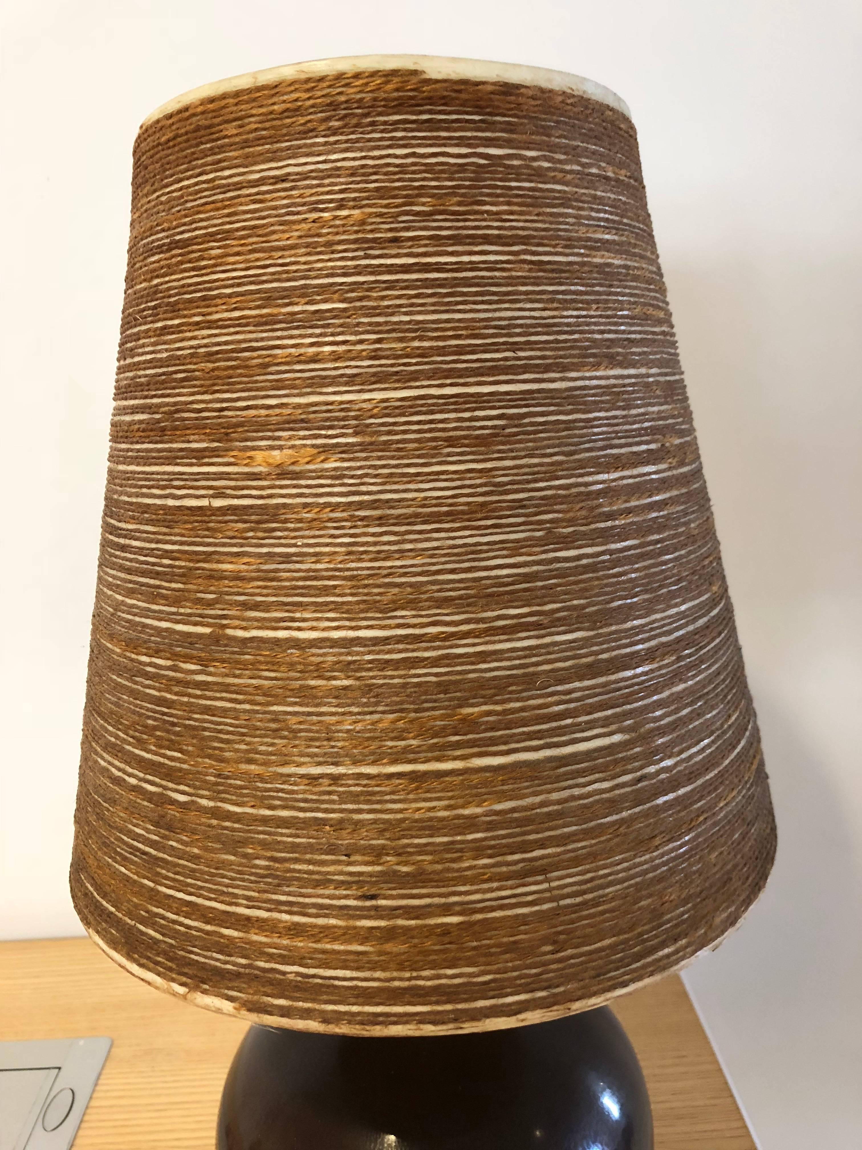 1960s Lotte and Gunnar Bostlund ceramic table lamp with rope shade.