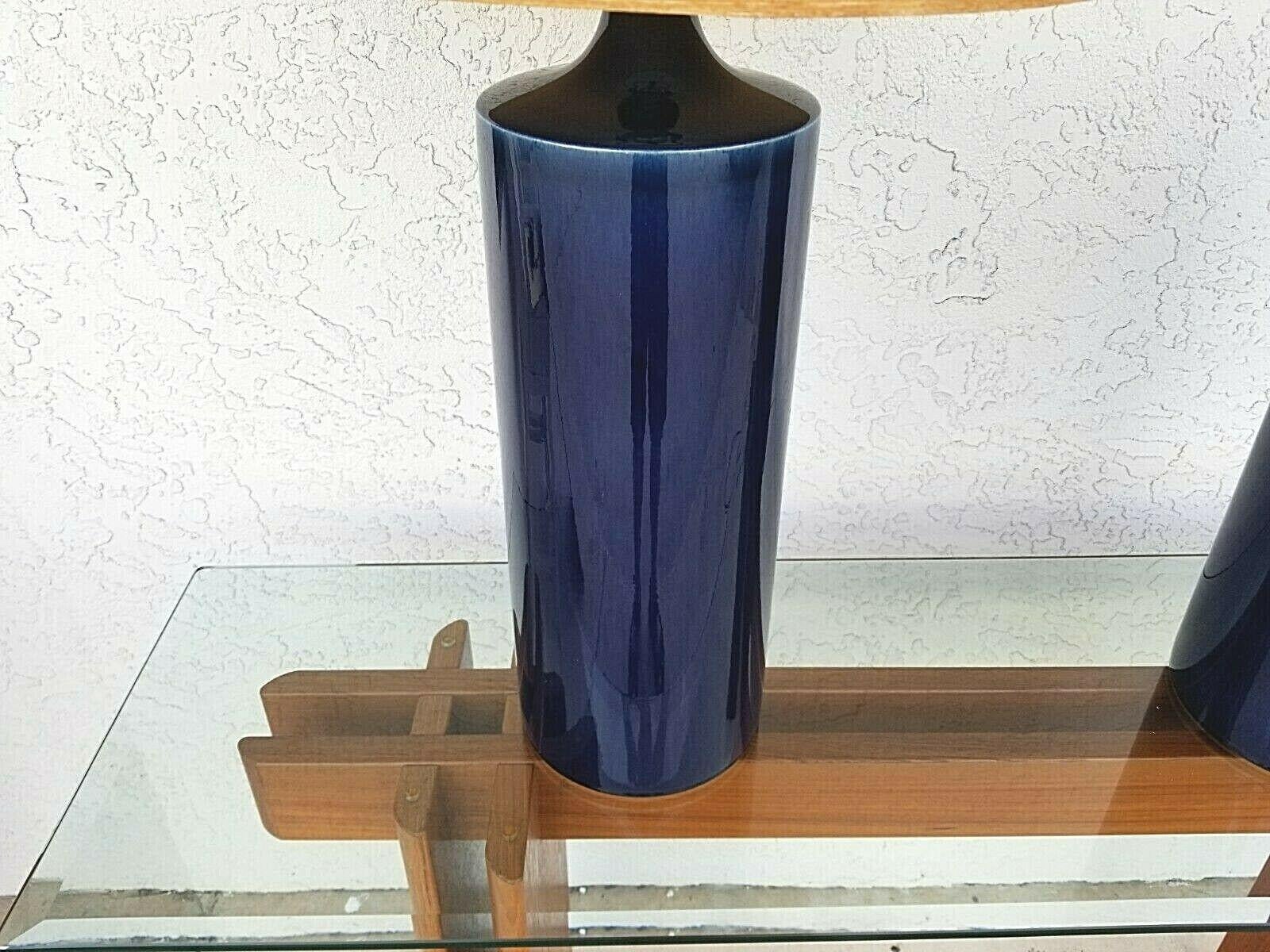 Lotte Gunnar Bostlund Cobalt Blue Ceramic Table Lamps - A Pair In Good Condition In Lake Worth, FL