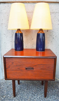 Lotte & Gunnar Bostlund Pair of Cobalt Blue Ceramic Lamps with Fiberglass Shades