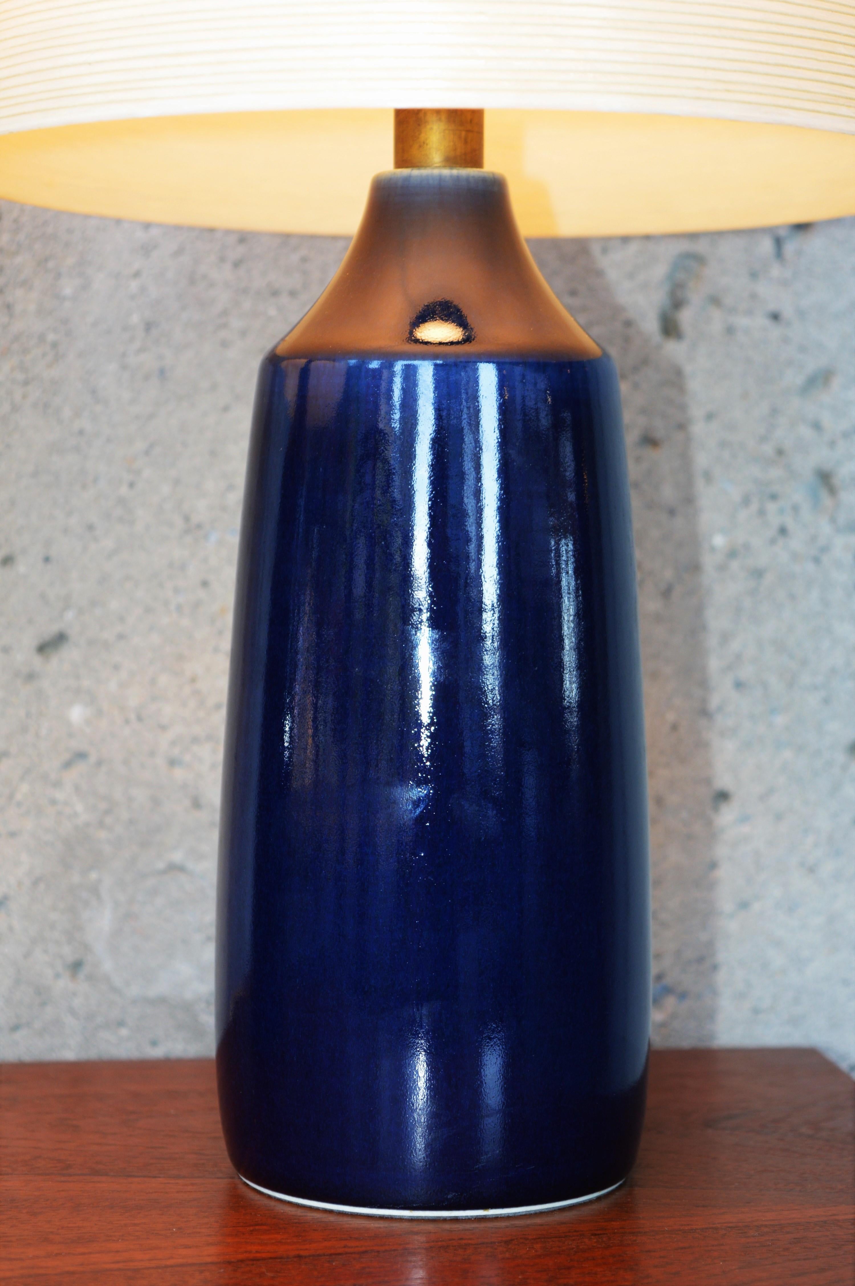 Canadian Lotte & Gunnar Bostlund Pair of Cobalt Blue Ceramic Lamps with Fiberglass Shades