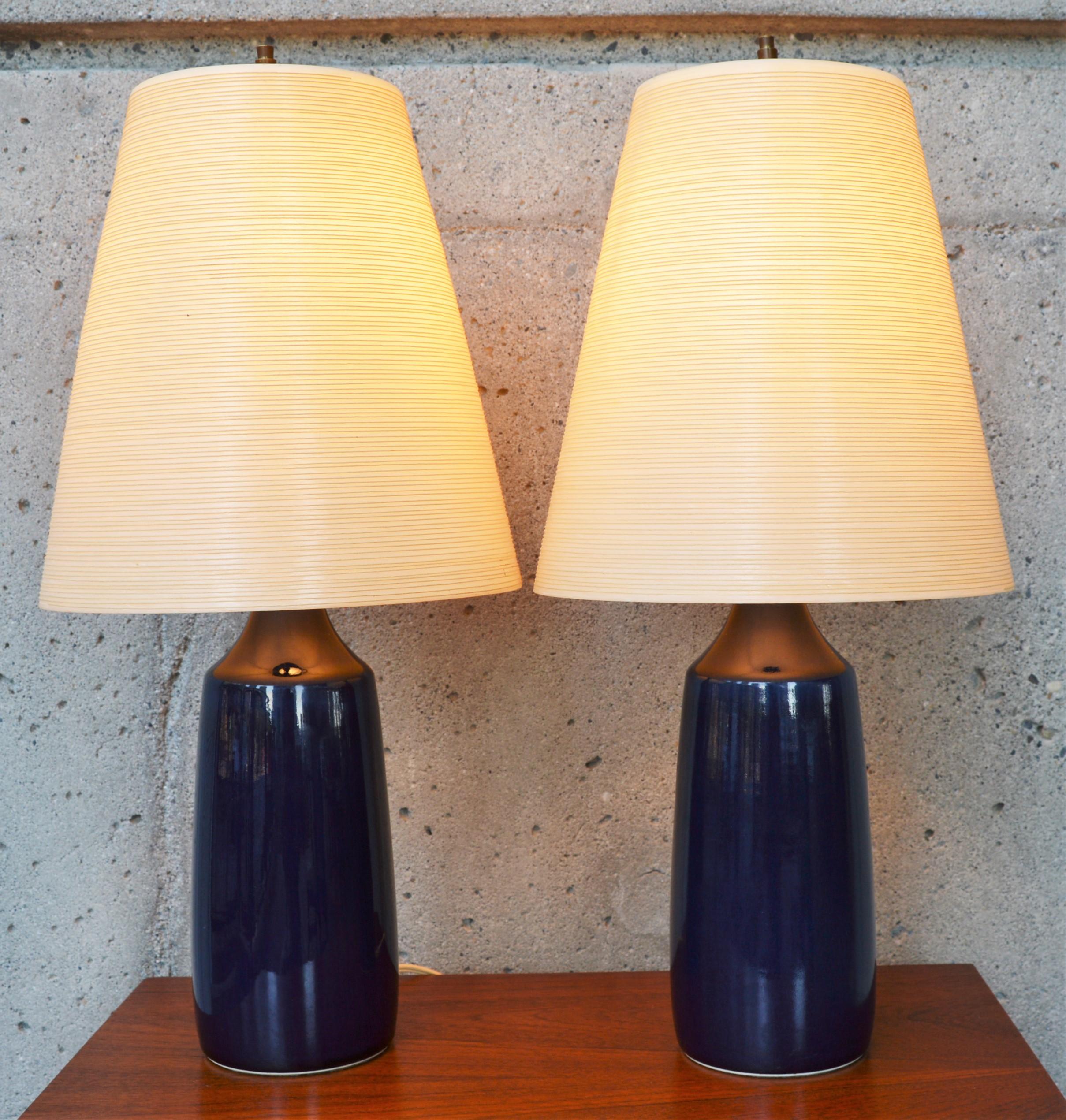 Brass Lotte & Gunnar Bostlund Pair of Cobalt Blue Ceramic Lamps with Fiberglass Shades