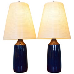 Lotte & Gunnar Bostlund Pair of Cobalt Blue Ceramic Lamps with Fiberglass Shades