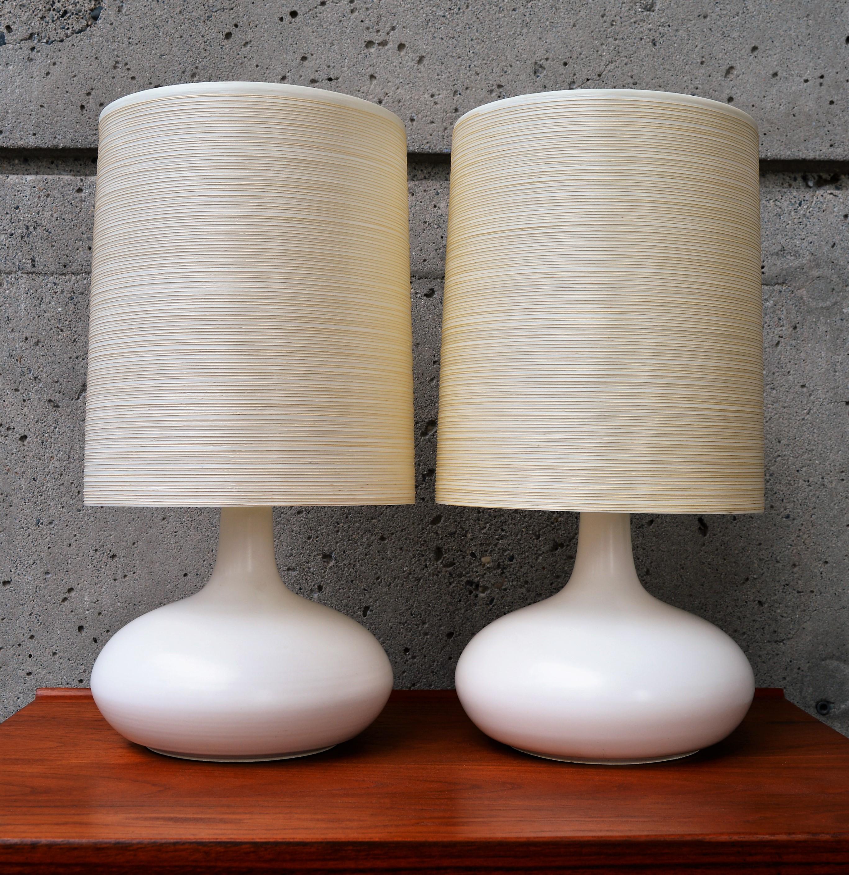 Brass Lotte & Gunnar Bostlund Pair of Cream Ceramic Lamps with Fiberglass Shades