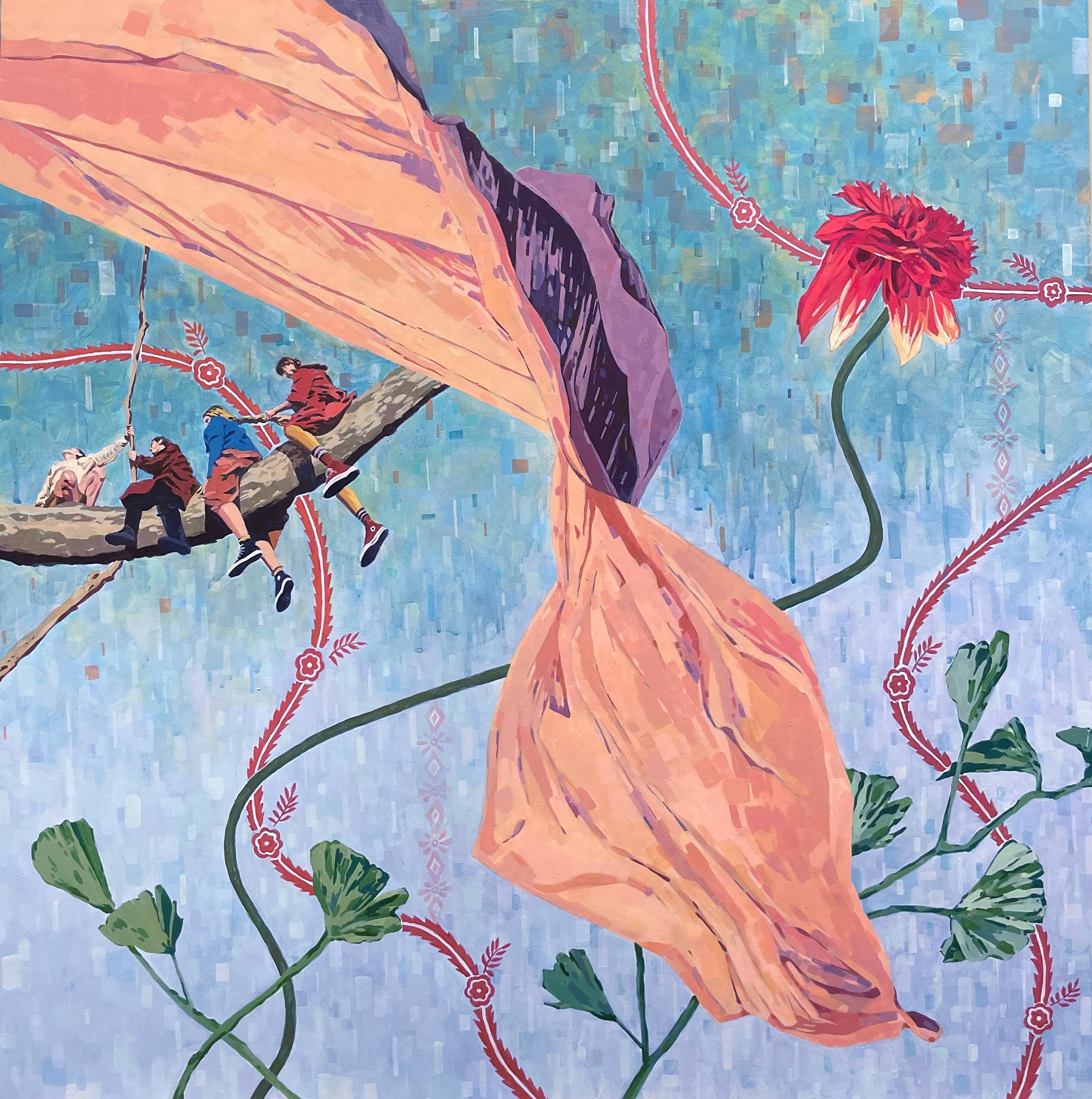 "Si agita come si agita un fiore" - Pittura acrilica surreale contemporanea su pannello di legno