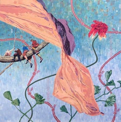 "Si agita come si agita un fiore" - Pittura acrilica surreale contemporanea su pannello di legno