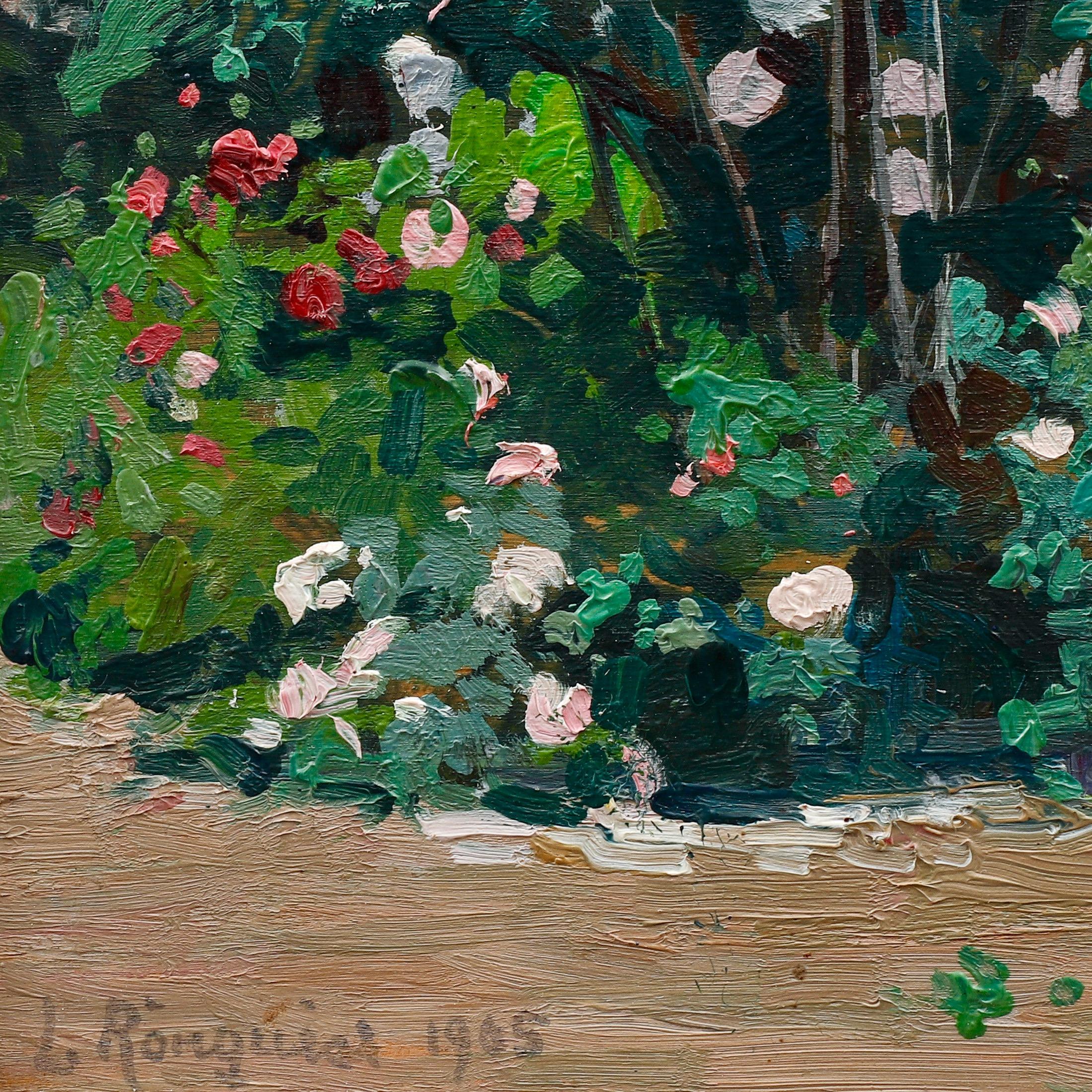 A wall of rose bushes in front of a house beautifully painted by Charlotta (Lotten) Sofia Rönquist (1864-1912). It is an oil on panel, signed L Rönquist and dated 1905. The measurements given are without frame. Lotten Rönquist was a Swedish painter