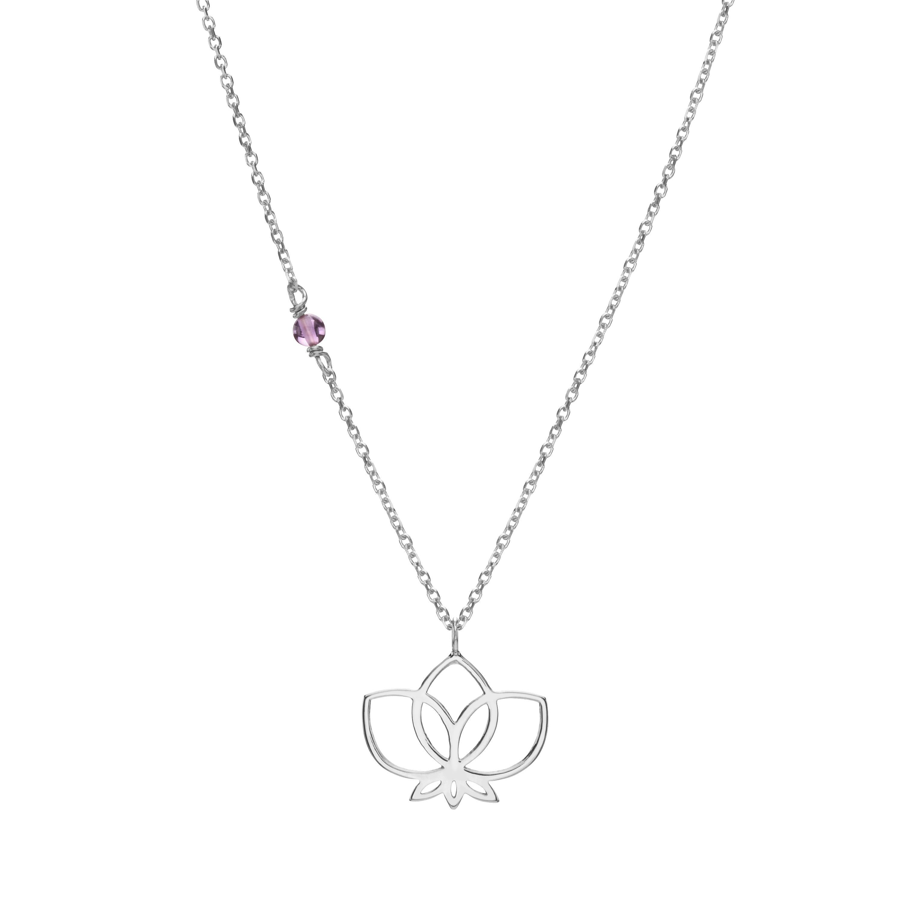 Round Cut Handcrafted Lotus Pendant Necklace in 14Kt Gold with Round Amethyst For Sale