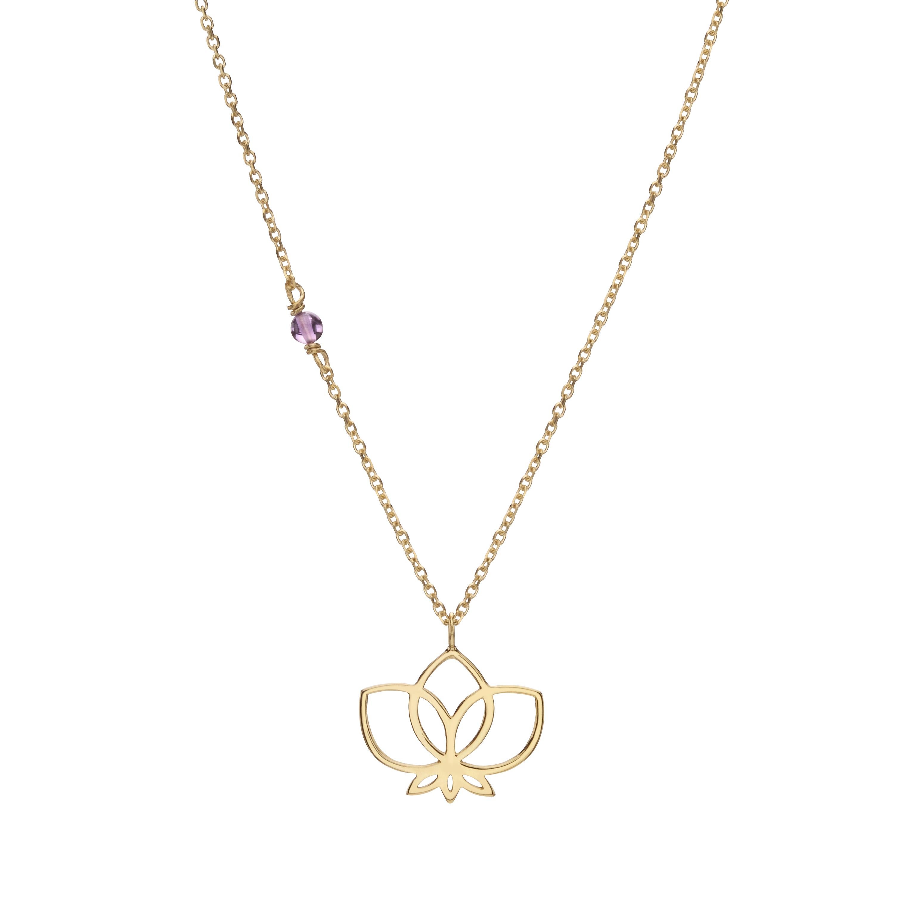 Women's Handcrafted Lotus Pendant Necklace in 14Kt Gold with Round Amethyst For Sale