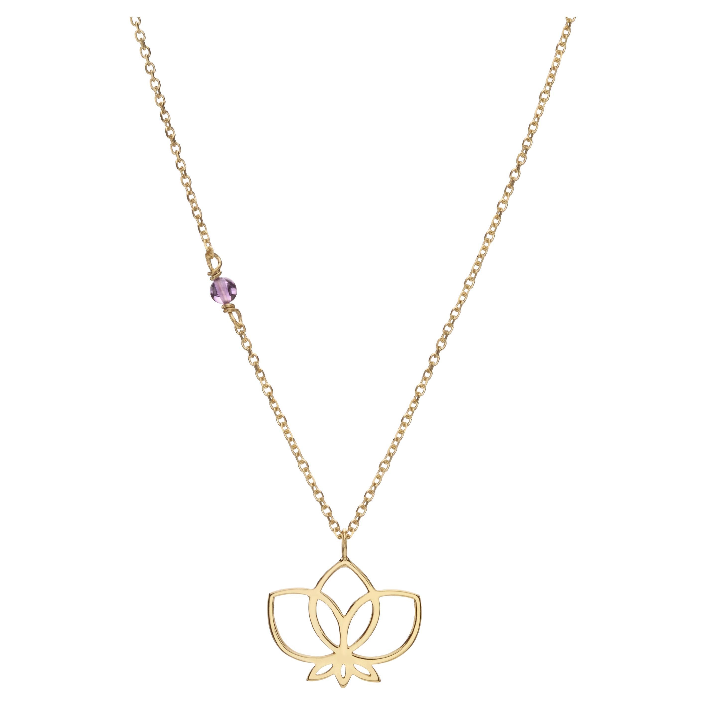 Handcrafted Lotus Pendant Necklace in 14Kt Gold with Round Amethyst For Sale