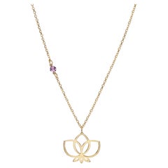 Handcrafted Lotus Pendant Necklace in 14Kt Gold with Round Amethyst