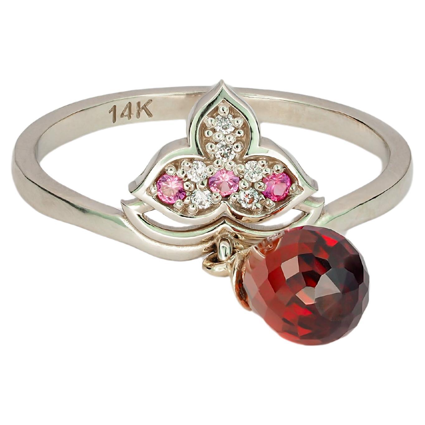 Lotus 14k gold ring with garnet.  For Sale