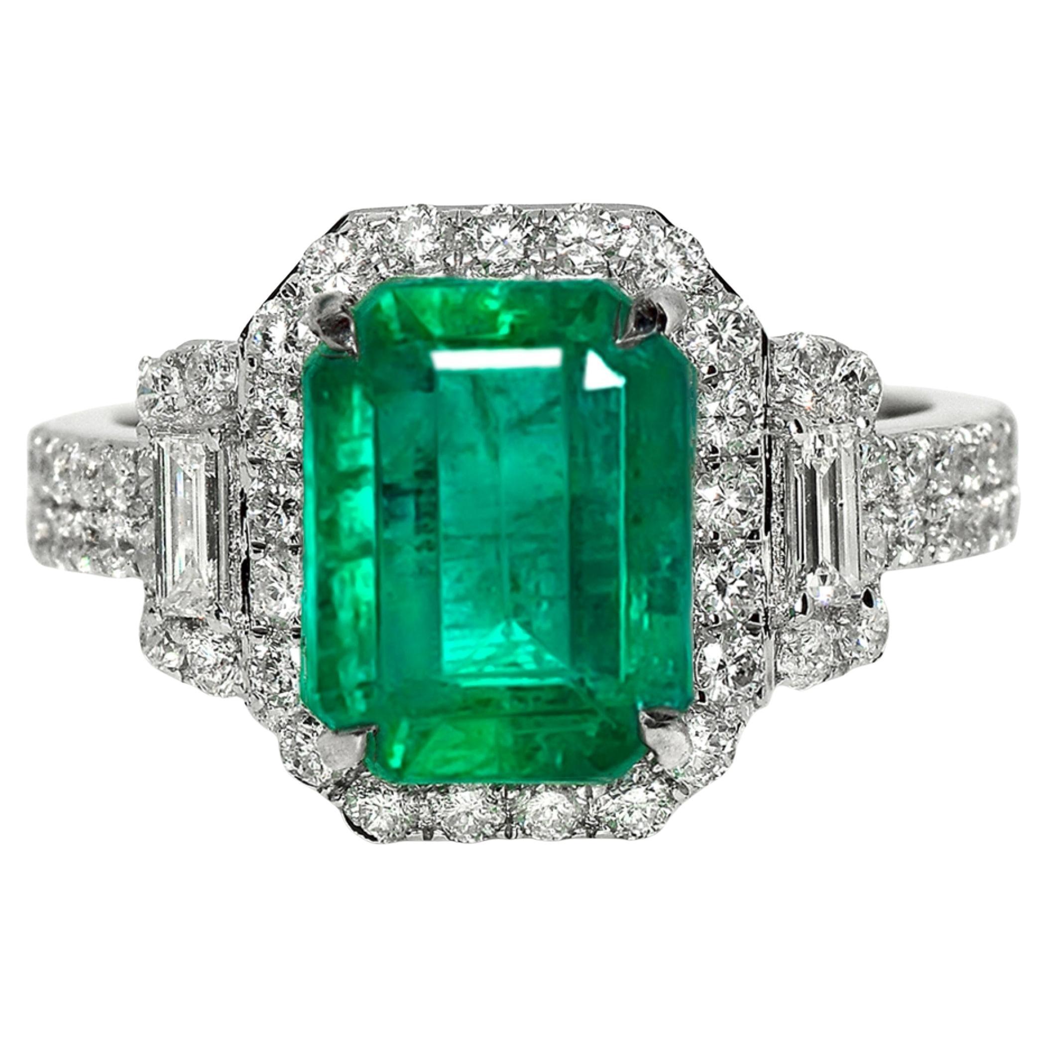 Lotus 18K 3.23 Ct Zambia Intense Green Emerald&Diamonds Antique Engagement Ring For Sale