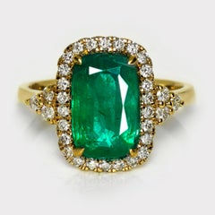 Anillo de Compromiso Antiguo Loto 18K 3,60 Ct Zambia Esmeralda Verde Intenso&Diamantes