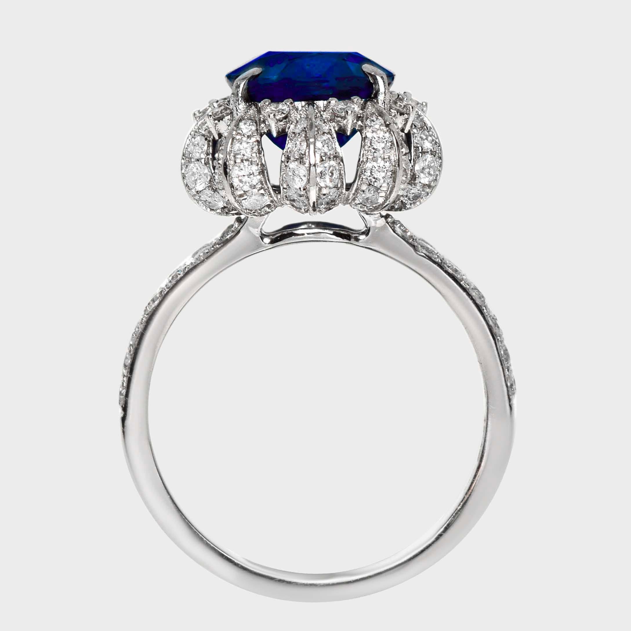Antique Cushion Cut Lotus 18K 4.55 ct Royal Blue Sapphire Art Deco Engagement Ring For Sale