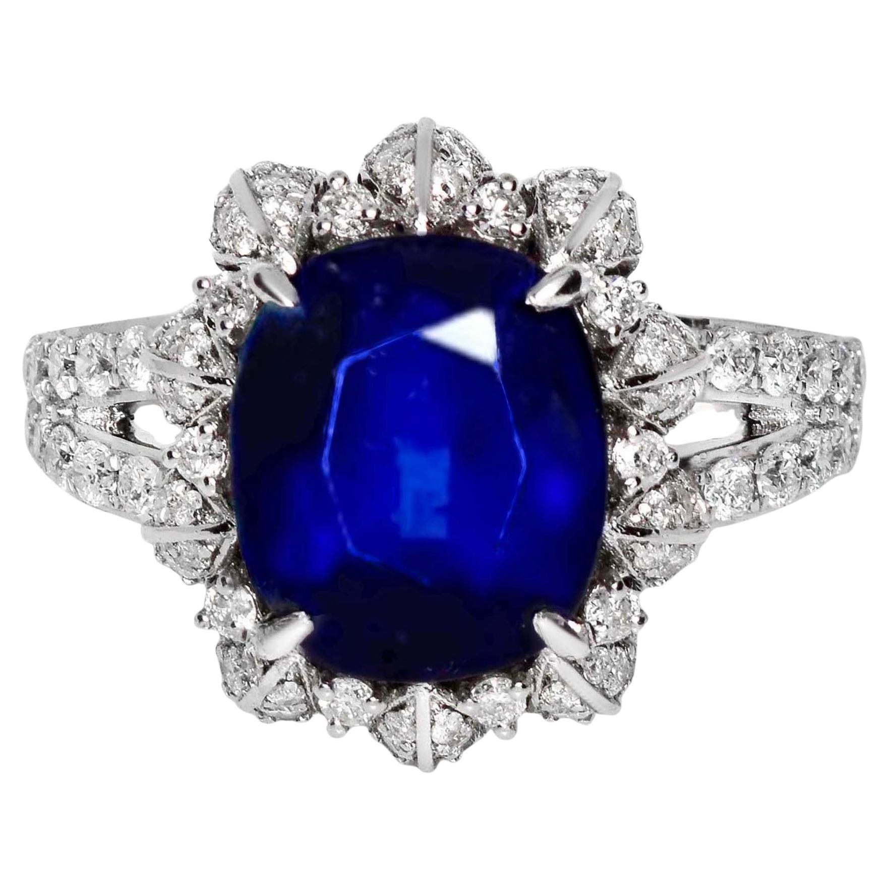 Lotus 18K 4.55 ct Royal Blue Sapphire Art Deco Engagement Ring