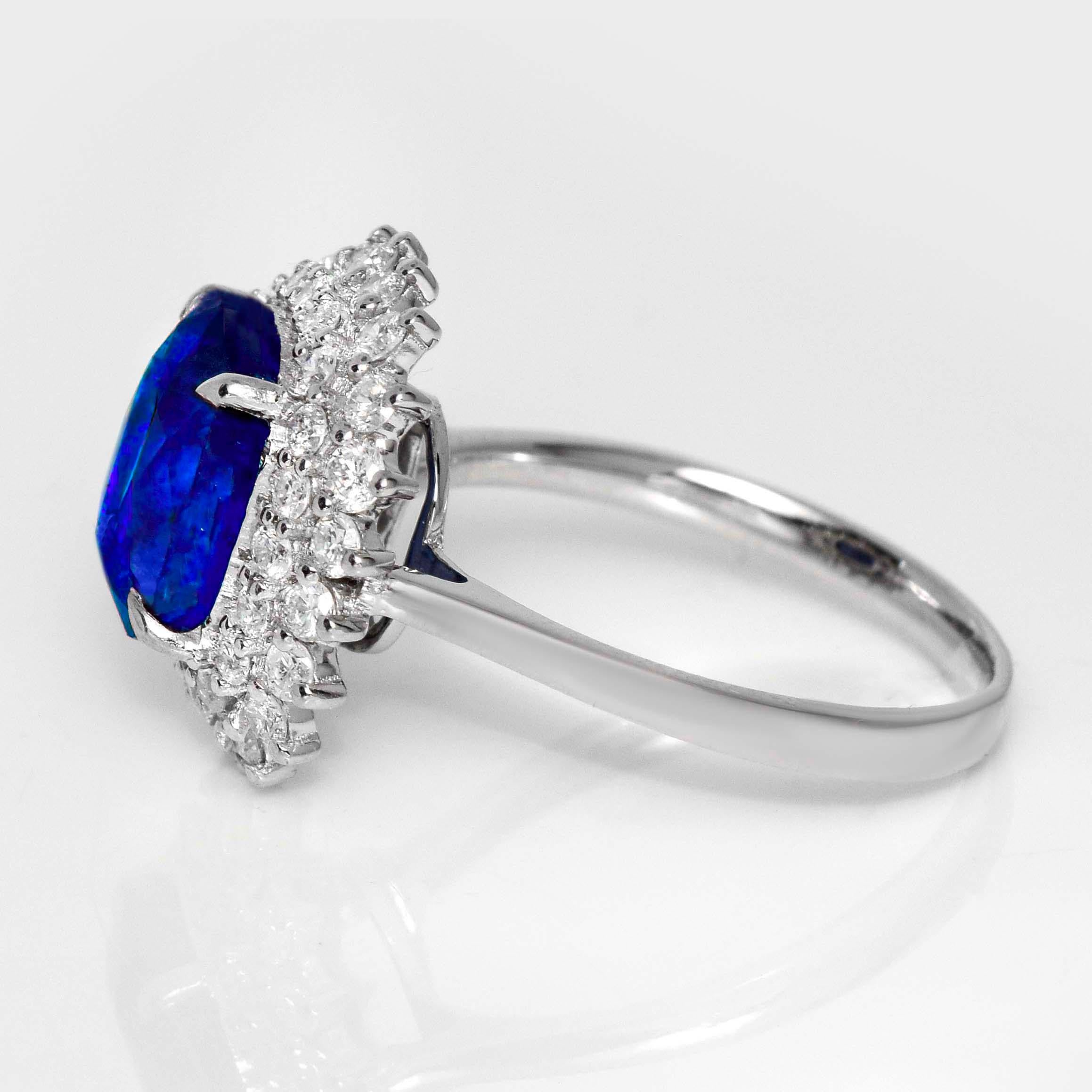Antique Cushion Cut Lotus 18K 5.09 ct Royal Blue Sapphire Art Deco Engagement Ring For Sale