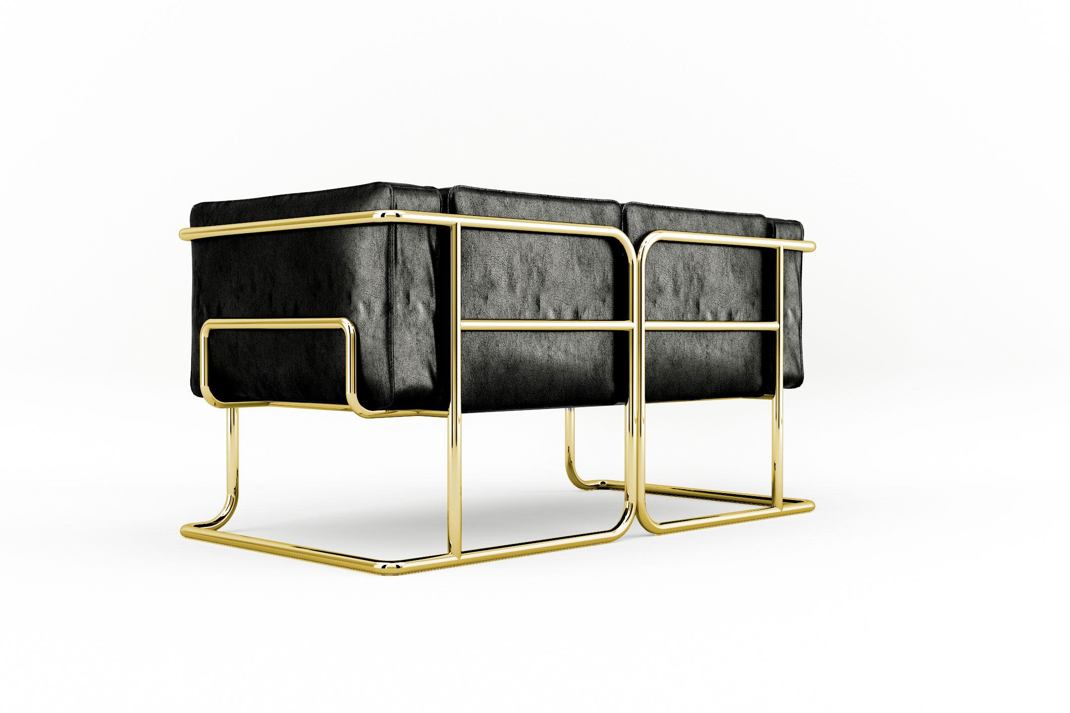 Lotus 2-Sitz-Sofa – modernes schwarzes Ledersofa mit Messingbeinen (Moderne) im Angebot