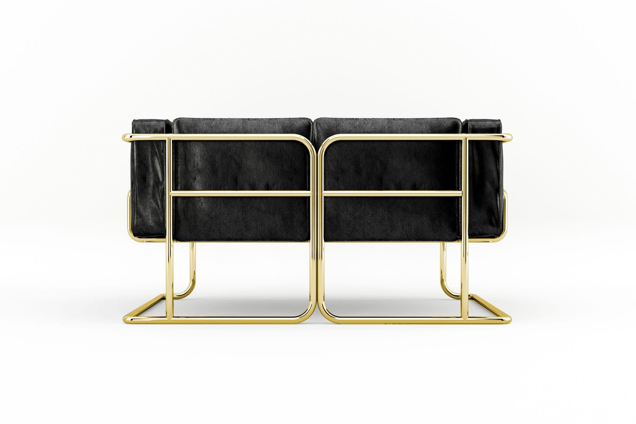 Polished Lotus 2 Seat Sofa - Modern Black Leather Sofa with Brass Legs For Sale
