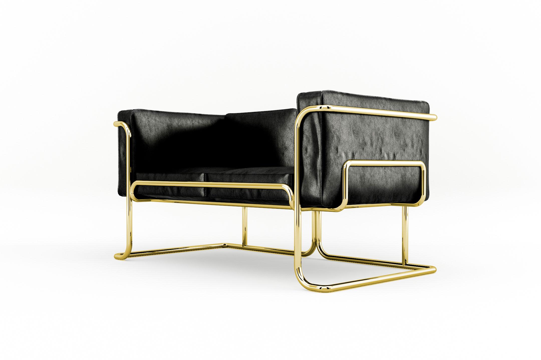 Poli Lotus 2 Seat Sofa - Canapé moderne en cuir noir, fabriqué à la main, avec pieds en laiton en vente