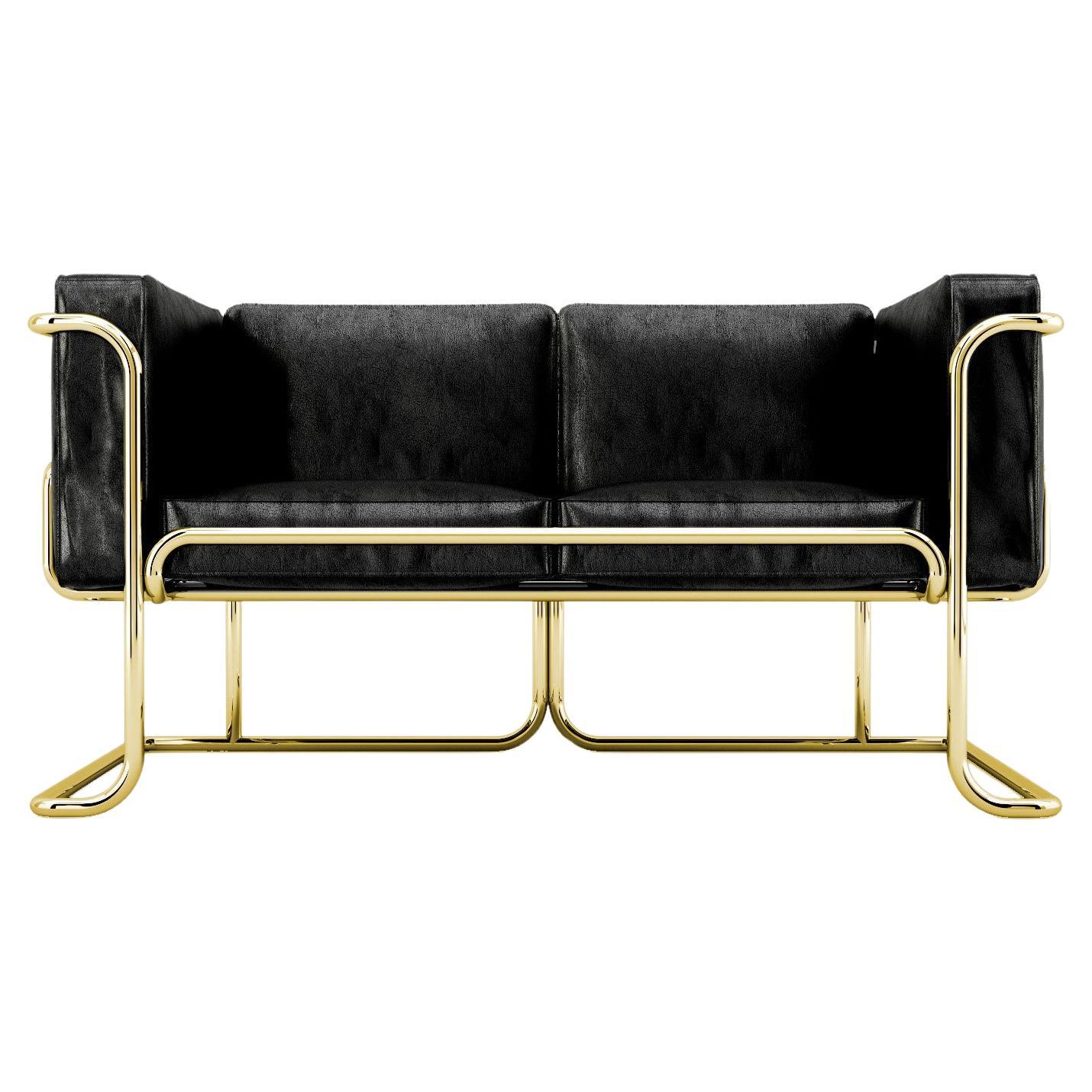 Lotus 2 Seat Sofa - Modern Black Leather Sofa with Brass Legs For Sale