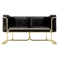 Lotus 2 Seat Sofa - Modern Handcrafted Black Leather Sofa with Brass Legs