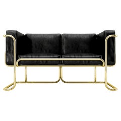 Lotus 2 Seat Sofa - Modern Black Leather Sofa with Brass Legs