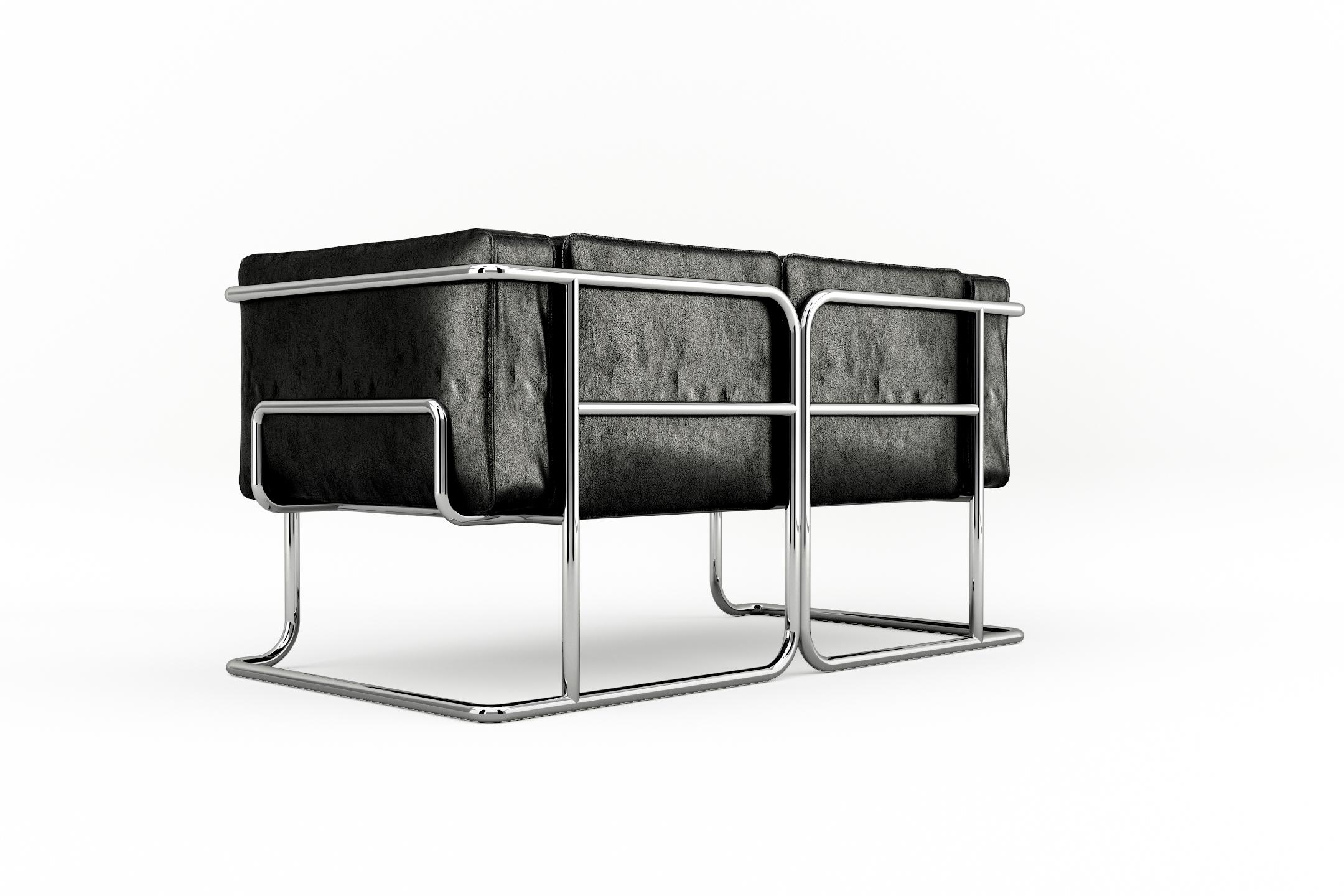 Européen Lotus 2 Seat Sofa - Canapé moderne en cuir noir avec pieds en acier inoxydable en vente