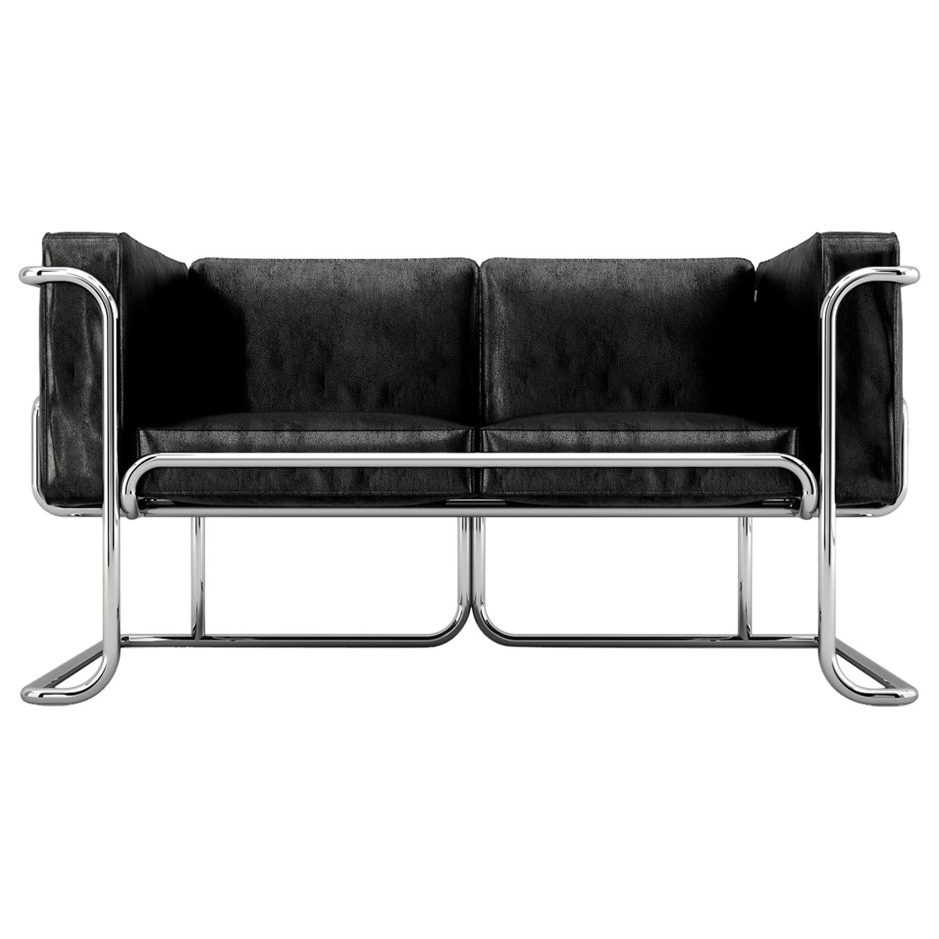 Lotus 2 Seat Sofa - Canapé moderne en cuir noir avec pieds en acier inoxydable en vente