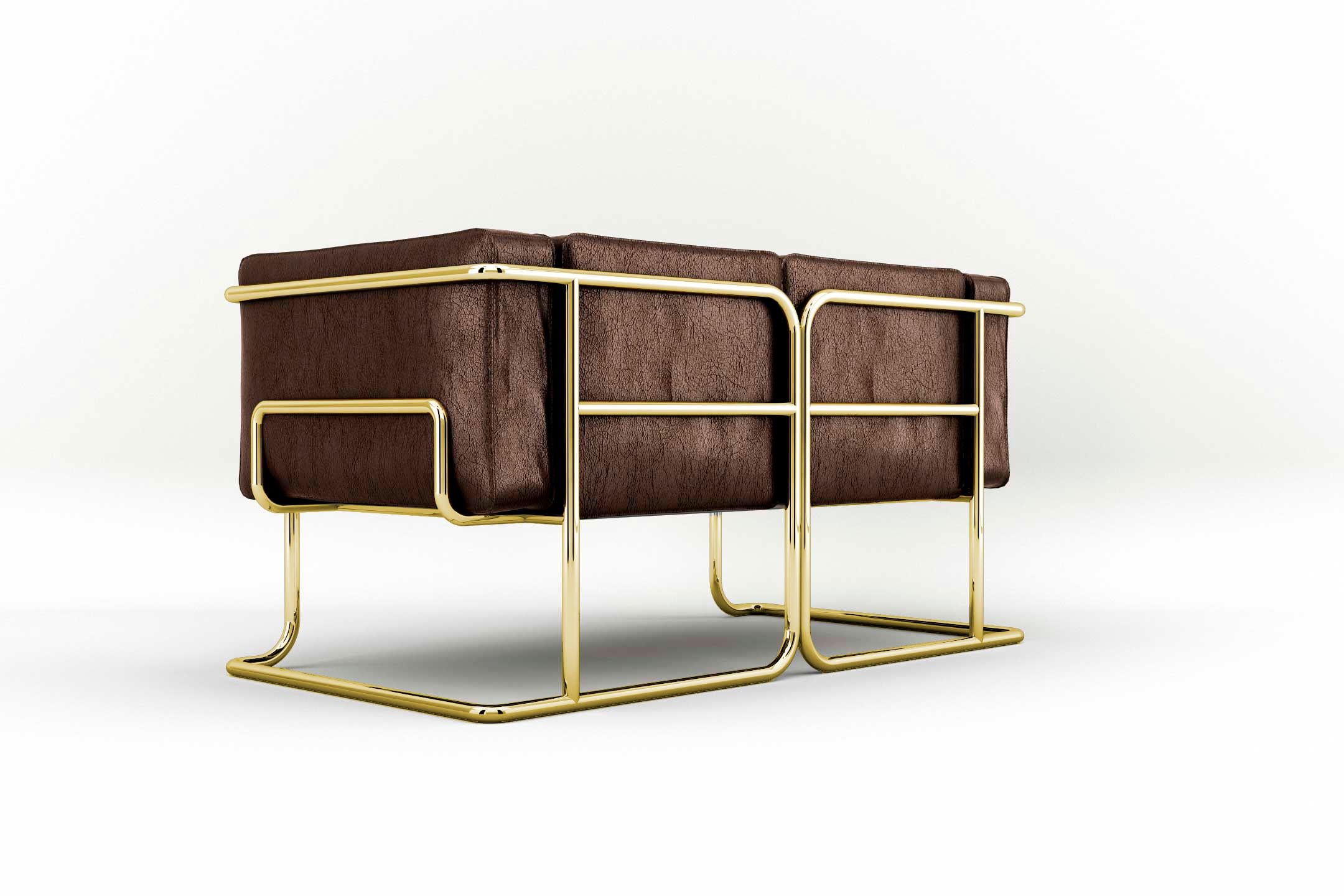 Lotus 2-Sitzer Sofa - Modernes braunes Ledersofa mit Messingfüßen (Poliert) im Angebot