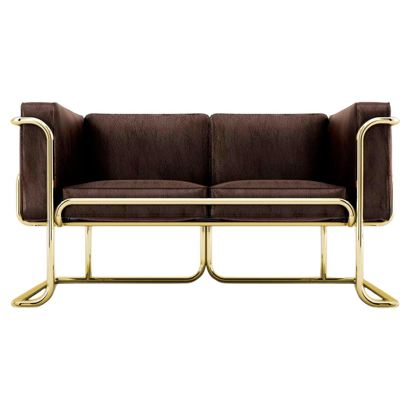 Lotus 2 Seat Sofa - Modern Brown Leather Sofa with Brass Legs For Sale
