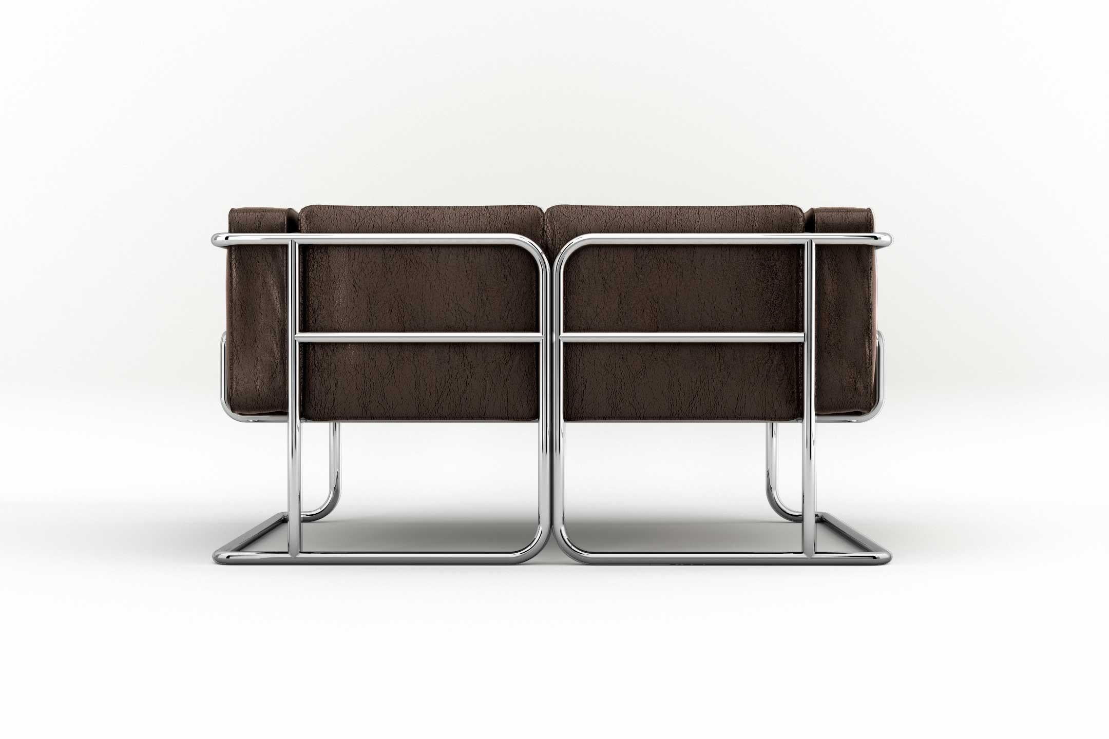 Poli Lotus 2 Seat Sofa - Canapé moderne en cuir Brown avec pieds en acier inoxydable en vente