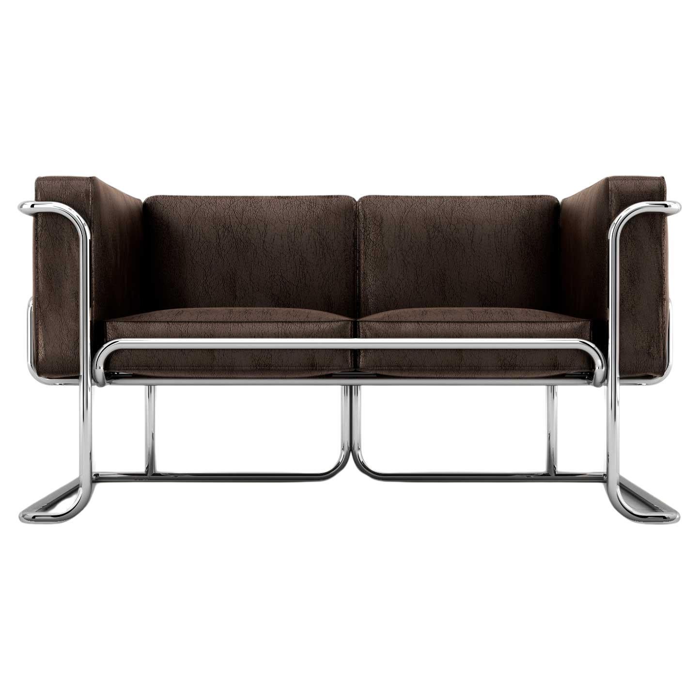 Lotus 2 Seat Sofa - Canapé moderne en cuir Brown avec pieds en acier inoxydable en vente