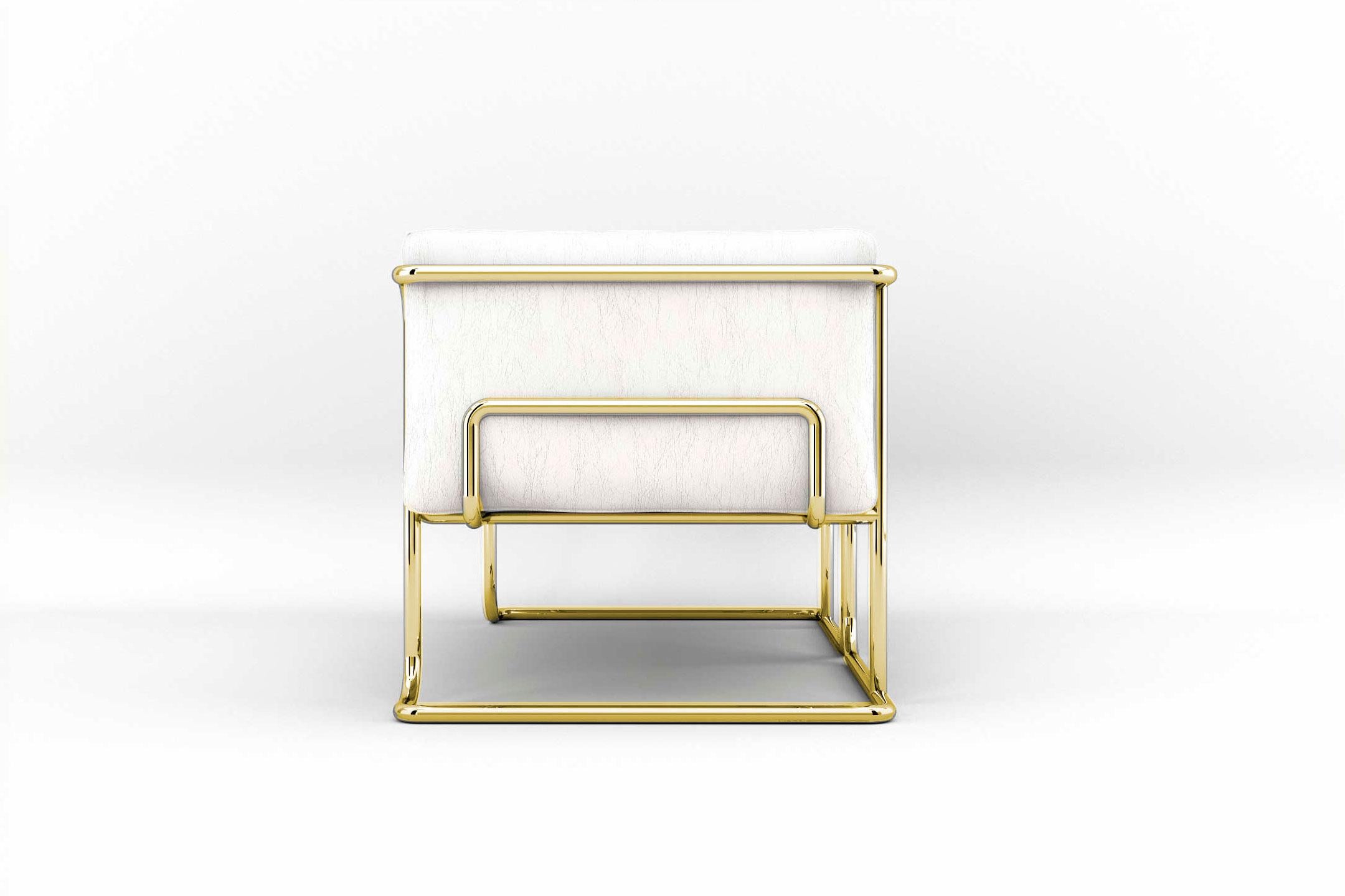 European Lotus 2 Seat Sofa - Modern White Leather Sofa with Brass Legs For Sale