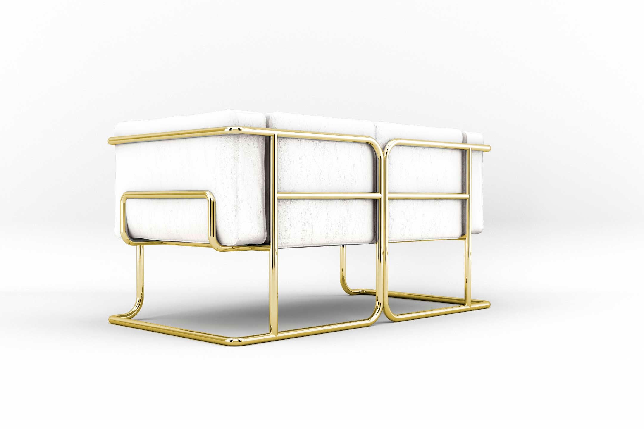 Lotus 2 Sitz-Sofa - Modernes handgefertigtes Sofa aus weißem Leder mit Messingbeinen (Poliert) im Angebot