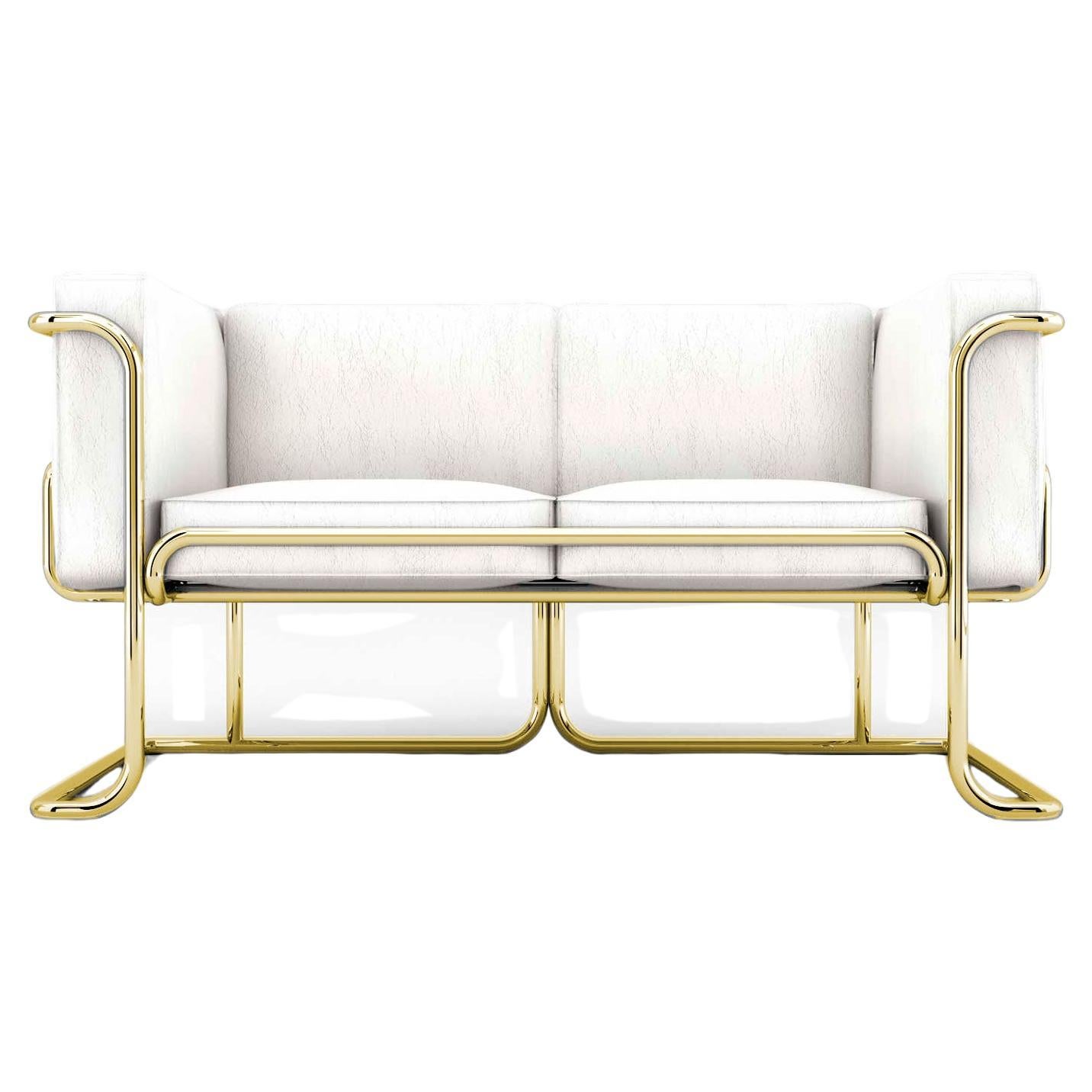 Lotus 2 Seat Sofa - Modern White Leather Sofa with Brass Legs For Sale