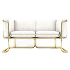 Lotus 2 Seat Sofa - Modern Handcrafted White Leather Sofa with Brass Legs