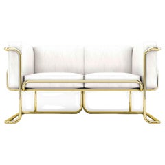 Lotus 2-Sitz-Sofa - Modernes Sofa aus weißem Leder mit Messingbeinen