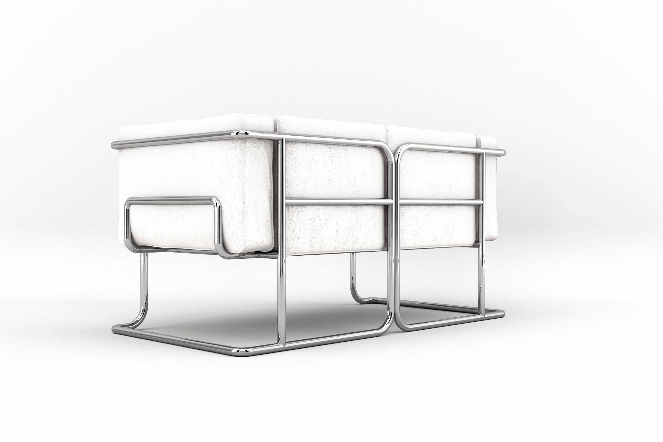Lotus 2-Sitz-Sofa - Modernes Sofa aus weißem Leder mit Beinen aus Edelstahl (Poliert) im Angebot
