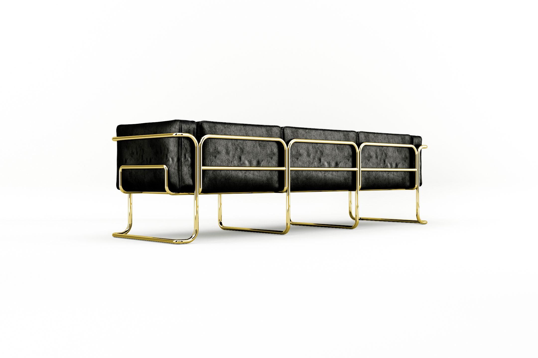 Polished Lotus 3 Seat Sofa - Modern Black Leather Sofa with Brass Legs For Sale