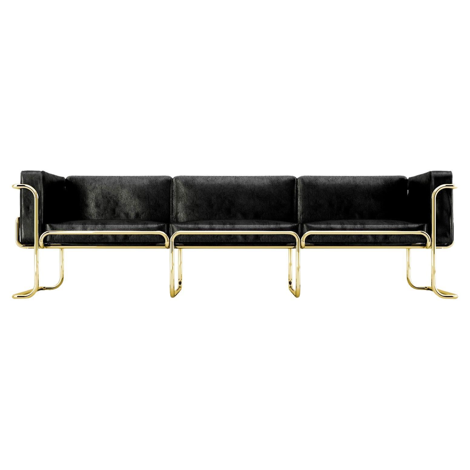 Lotus 3 Seat Sofa - Handcrafted Modern Black Leather Sofa with Brass Legs