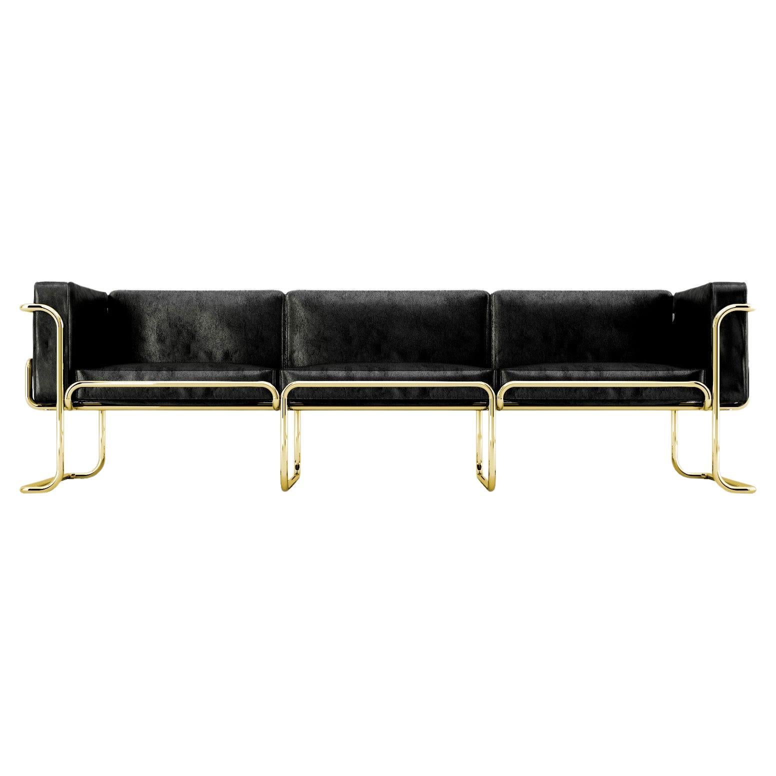 Lotus 3 Seat Sofa - Modern Black Leather Sofa with Brass Legs For Sale