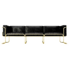 Lotus 3 Seat Sofa - Modern Black Leather Sofa with Brass Legs